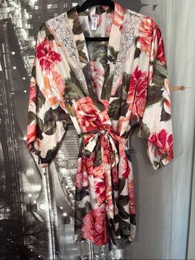 Floral Satin Kimono Robe - Pink & Green by lilac and London